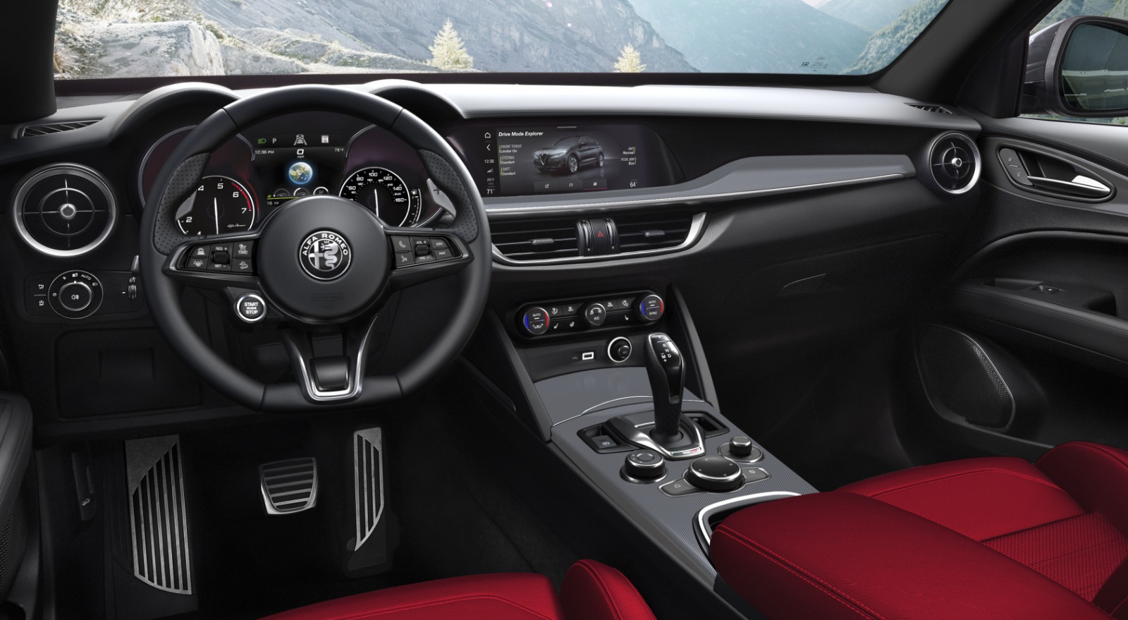 Una vista de 360 grados del interior del Alfa Romeo Stelvio 2023, empezando por el volante, los mandos de la columna central y el tablero.