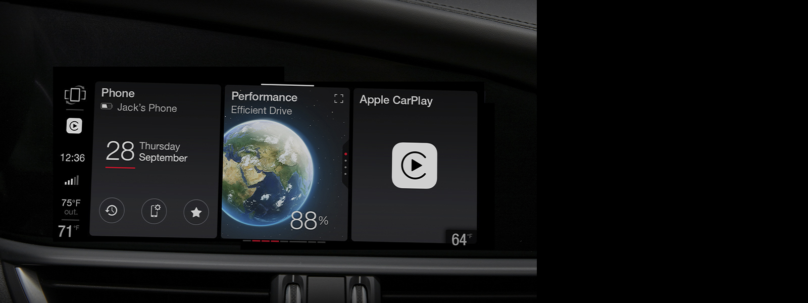 Primer plano de la pantalla multitáctil del Alfa Romeo Giulia Quadrifoglio 2024, que muestra una serie de widgets seleccionables, incluidas las estadísticas de rendimiento del vehículo y Apple CarPlay.