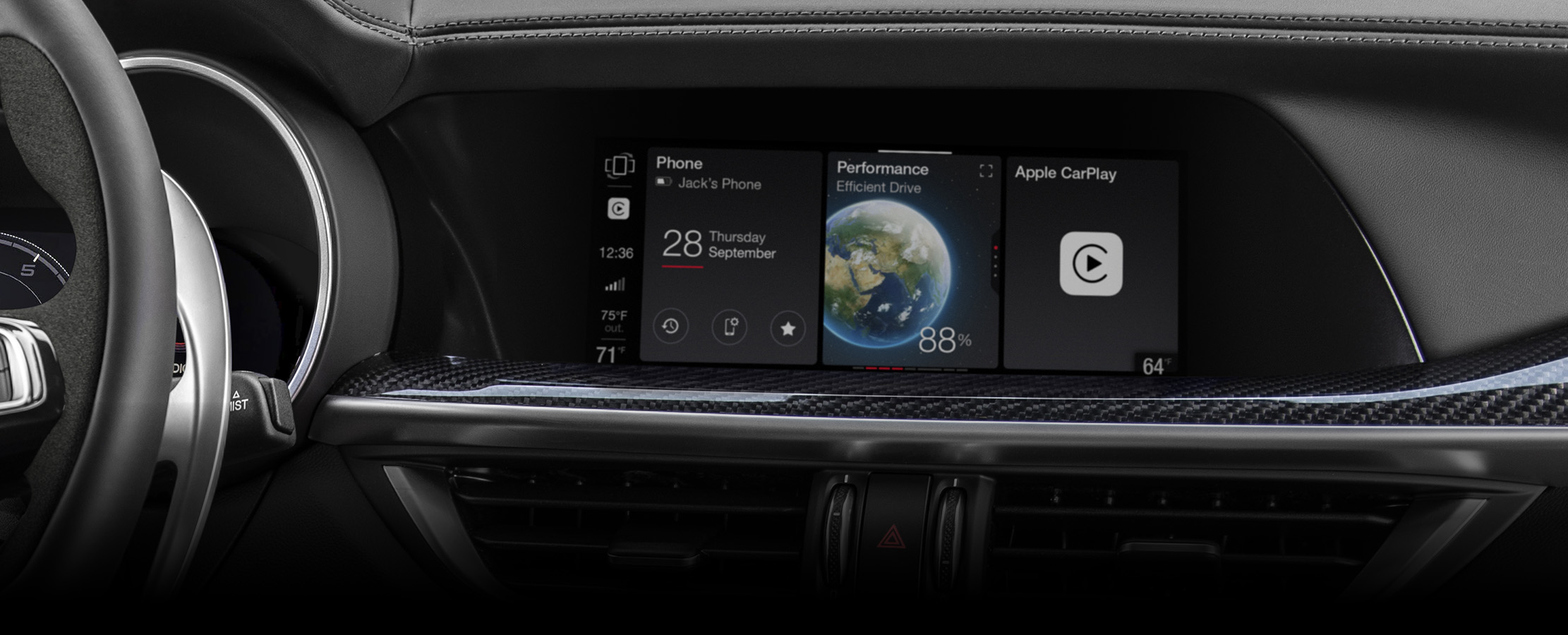 Primer plano de la pantalla multitáctil del Alfa Romeo Stelvio 2024 que muestra una serie de widgets seleccionables, incluidas las estadísticas de rendimiento del vehículo y Apple CarPlay.